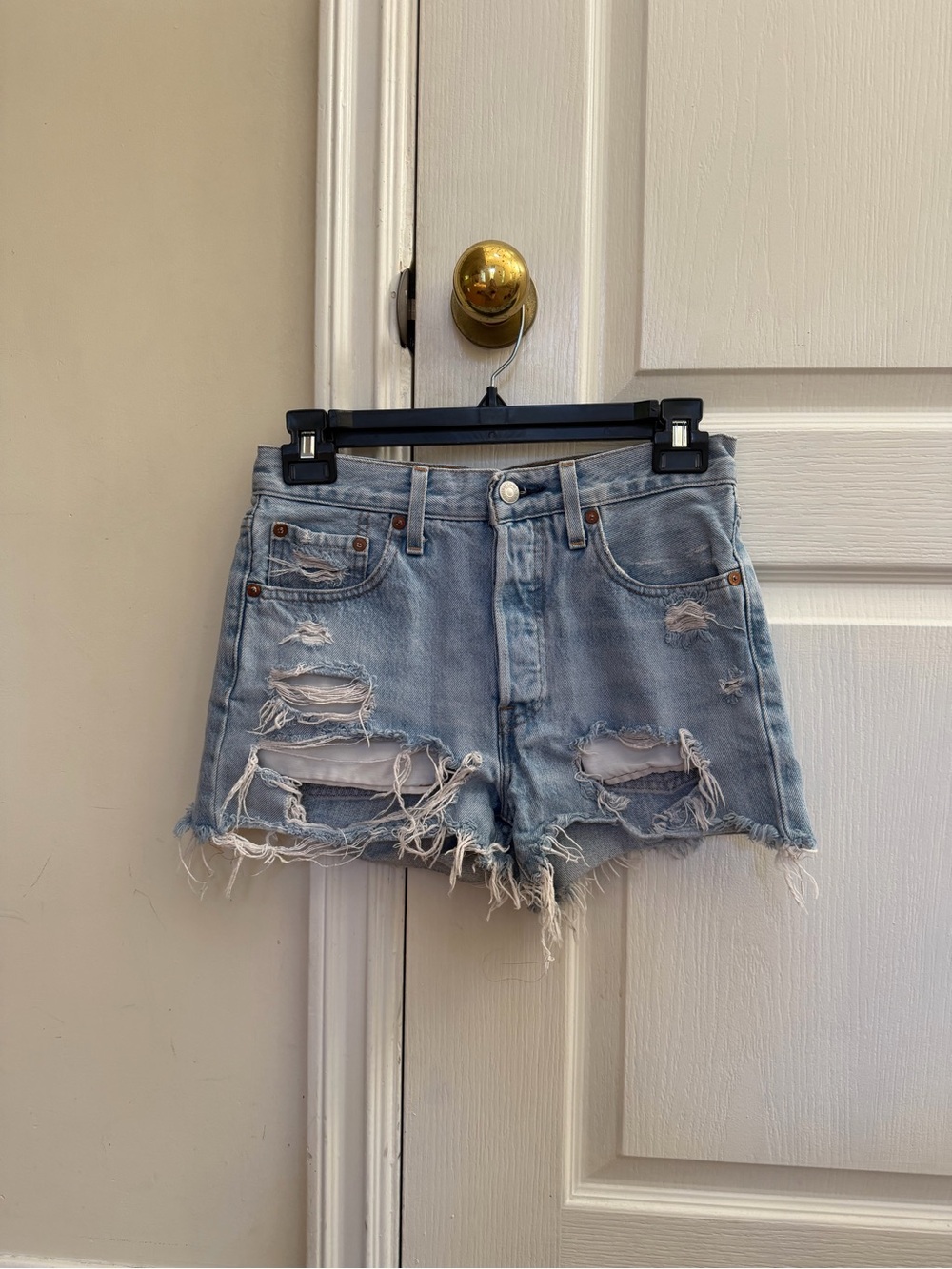 Levi’s 501s Light Blue Distressed Denim Shorts - Women's Casual Cutoff